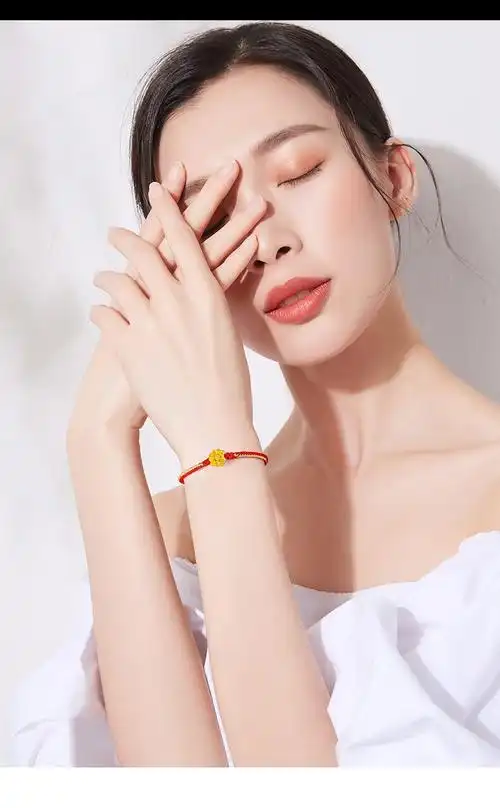 老凤凰999足金黄金莲花手链好运莲莲女士编绳手绳转运珠红绳简约金饰