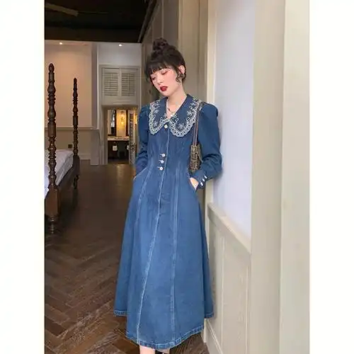 法式长款修身牛仔连衣裙