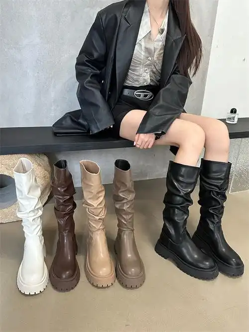 厚底棕色小个子堆堆长筒鞋女鞋2024秋冬季新款中筒骑士复古长靴子