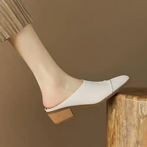 女外穿夏乐福凉拖气质高跟尖头穆勒鞋复古真皮包头半拖鞋单鞋法式