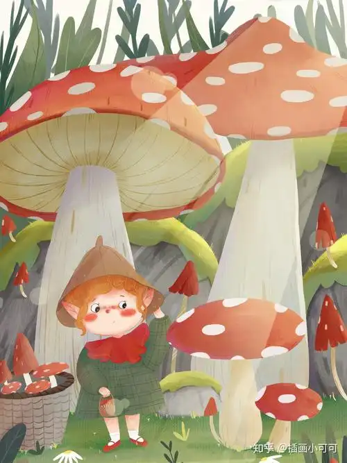 原创儿童插画采蘑菇的小精灵