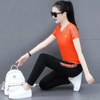 夏季短袖休闲运动套装女夏名牌服装新款女装夏天运动服广场舞夏装橙色