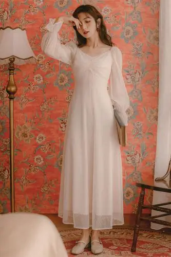 很仙的法国小众连衣裙女2019早秋新款抽绳褶皱荷叶袖网纱超仙长裙