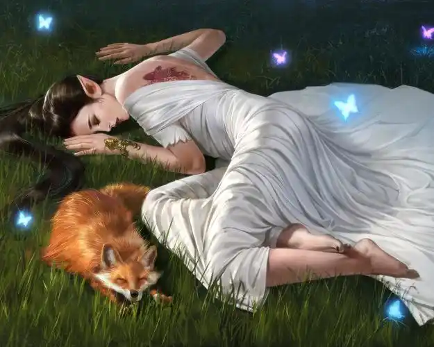 幻想的女孩和狐狸睡在草地上 640x1136 iphone 5/5s/5c/se 壁纸,图片