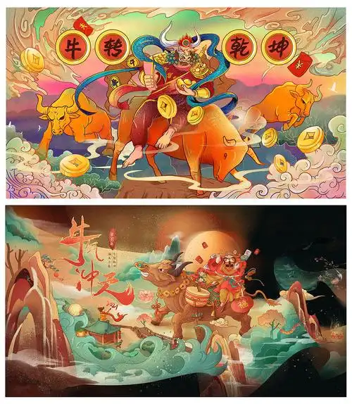 新年2021年牛年国潮手绘插画
