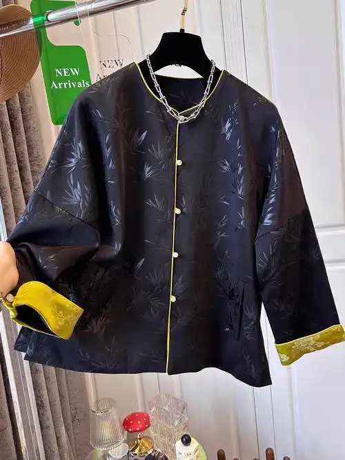 新中式国风黑色提花外套女装春秋季大码胖mm时尚高级唐装开衫上