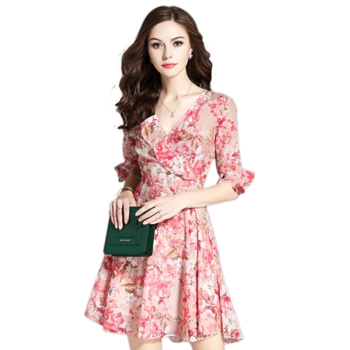 伊莲娜2019夏季新款品牌真丝连衣裙桑蚕丝印花显瘦中袖裙子女减龄