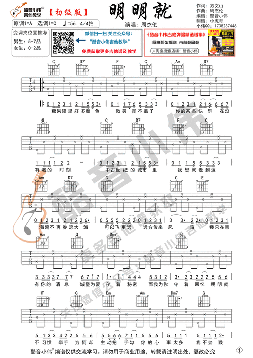 《明明就》吉他谱c调初级版_酷音小伟编谱_周杰伦-看谱啦