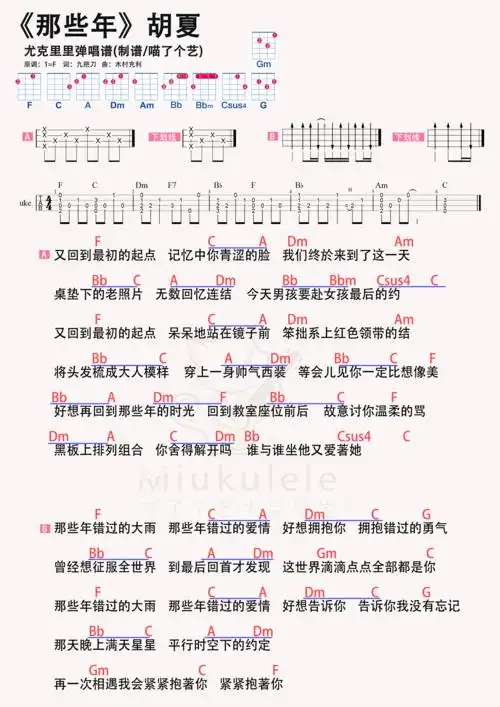 >>胡夏《那些年》尤克里里谱