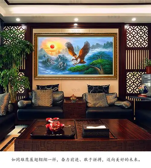 纯手绘油画大展宏图雄鹰老板办公室大幅挂画山水风景画中式客厅书房会