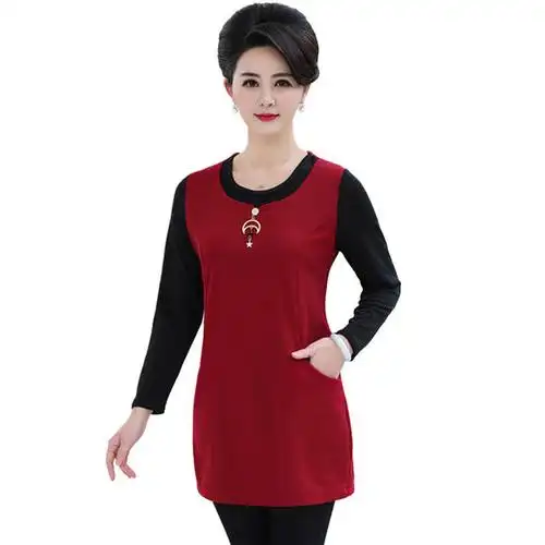 春季新款妈妈长袖t恤中长款宽松大码上衣40-50岁中老年女装打底衫