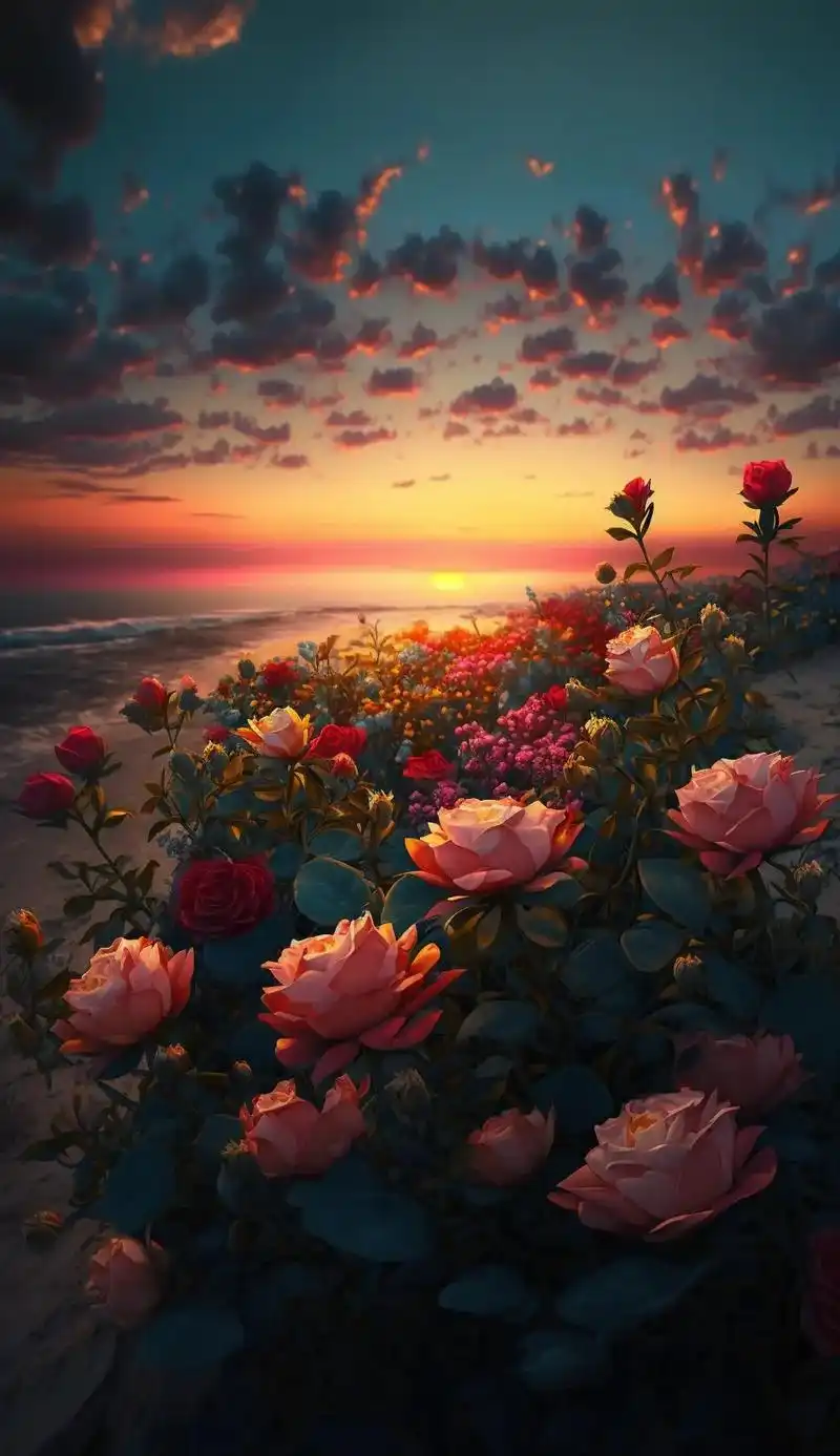 黄昏海边,彩霞满天,玫瑰花的花海,梦幻般的美丽.#玫瑰花#图 - 抖音