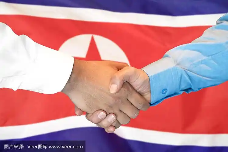 在朝鲜国旗的背景下握手.