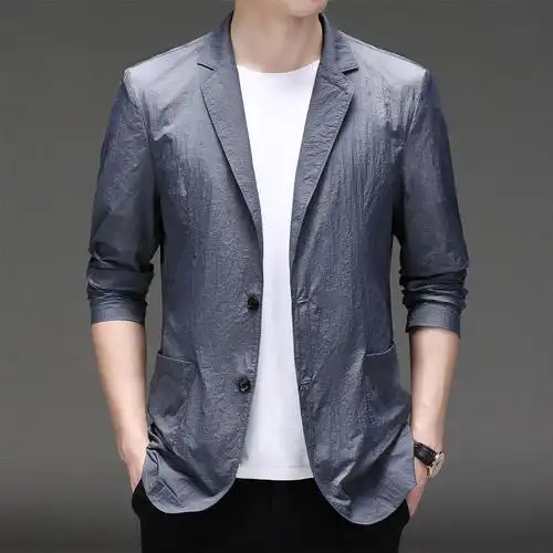 男士夏季新款纯色西装防晒服男式休闲薄款单西潮流帅气外套夹克男
