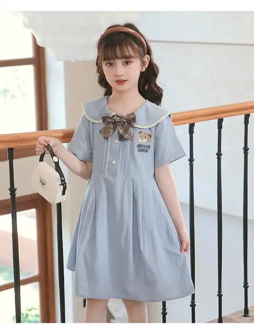 女童裙子夏季可爱小熊蝴蝶结娃娃领童装连衣裙学院风大童女装夏装