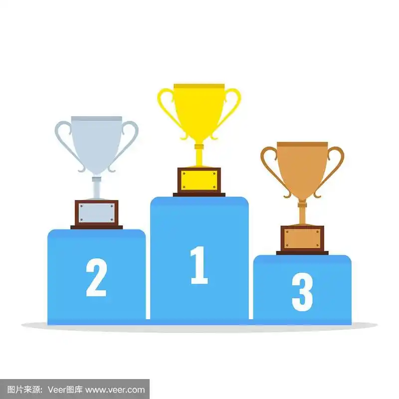 获奖者登上领奖台,获得金,银,铜奖杯.平的卡通风格.矢量插图.