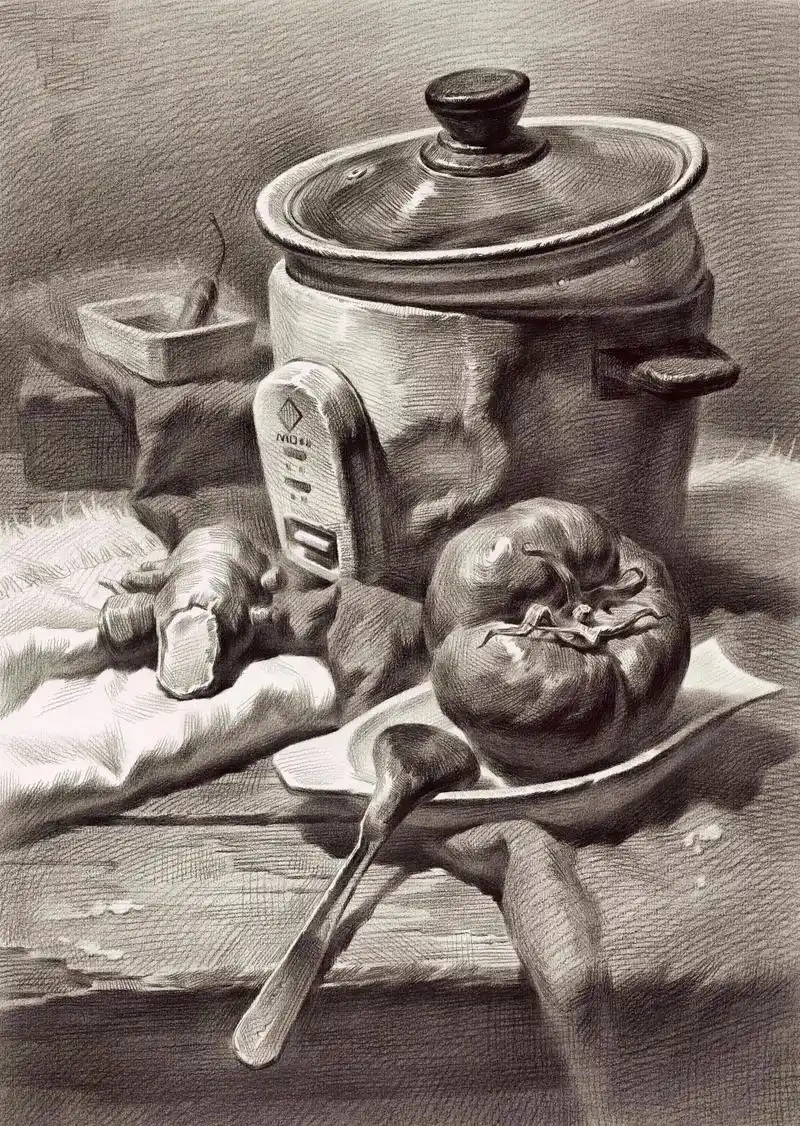 一副电饭煲素描静物组合#素描教程 #精微素描 #朱启鹏素描静 - 抖音