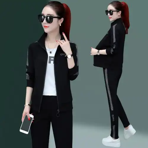 韩版三件套休闲套装女时尚显瘦线条大码运动服套装女运动衣团购服卫衣