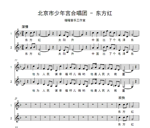 北京市少年宫合唱团 - 东方红 钢琴纯音乐伴奏 合唱谱简谱钢琴五线谱