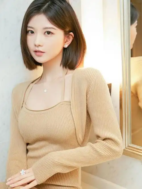 短发美女颜值到位穿薄款打底针织毛衣好漂亮是不是很有气质