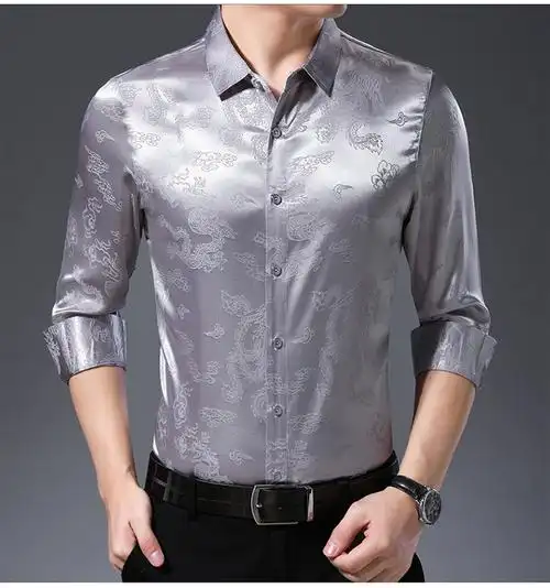 啄木鸟含桑蚕丝男长袖衬衫薄款印花丝绸上衣春秋中年男士花衬衣藏青