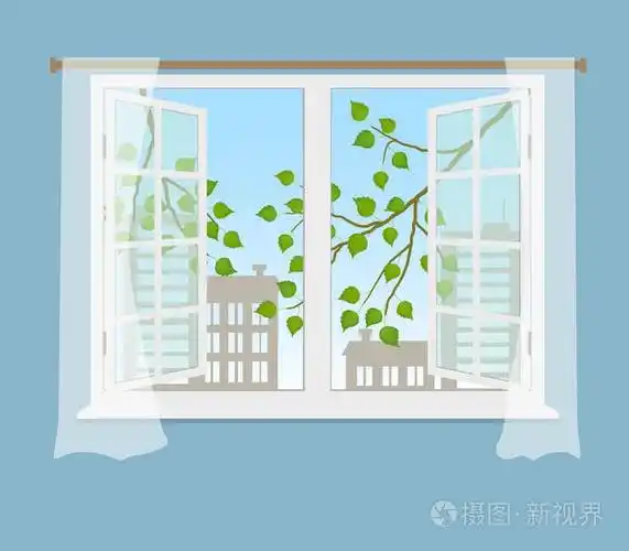 窗外有一棵树的树枝, 上面有树叶和建筑物的剪影.矢量插图