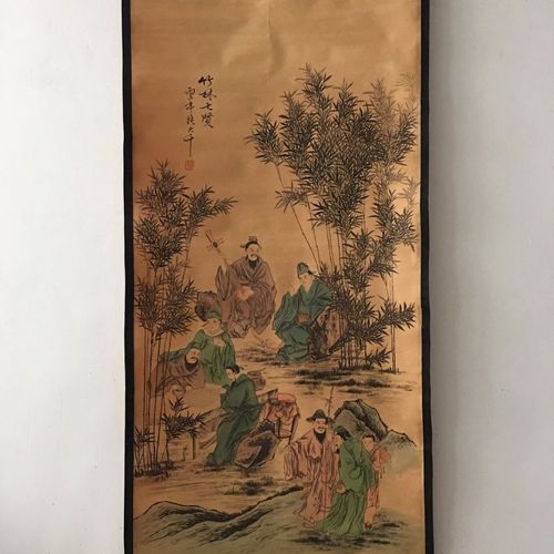 张大千《竹林七贤》字画国画古玩山画仿古中堂画名画书房客厅挂画