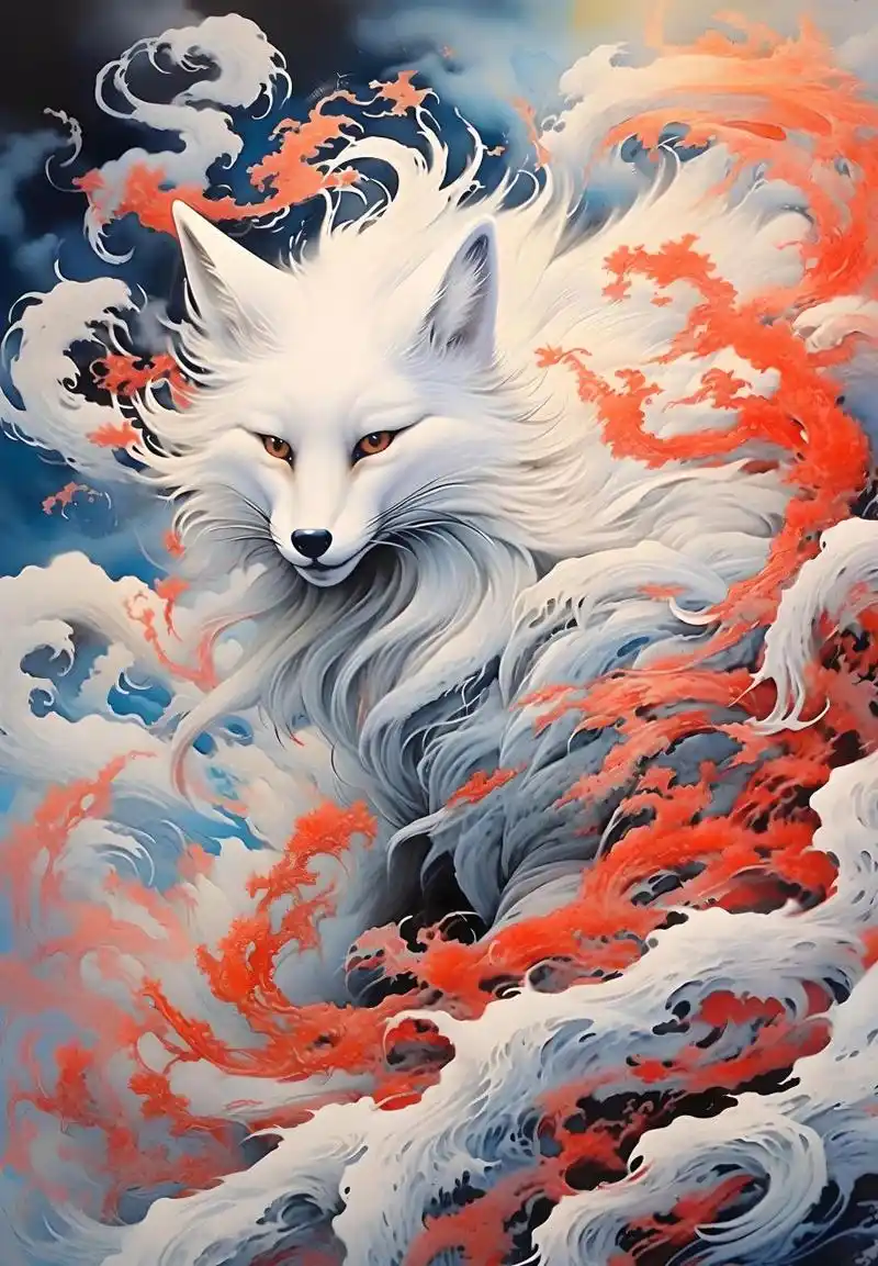 狐狸九尾艳,临风舞彩霞.