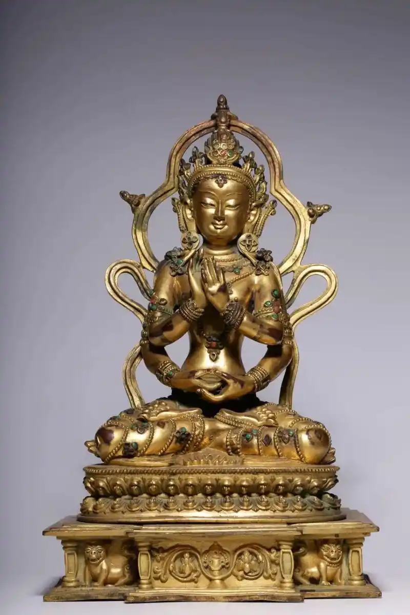 佛像.清代,铜鎏金嵌宝四臂观音坐像高28.5厘米,长18厘 - 抖音