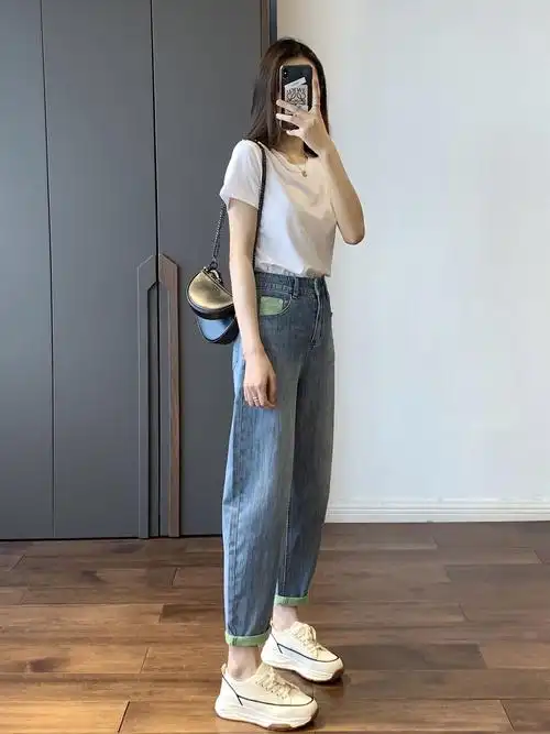 thewow不挑人帅气老爹裤洋气拼色薄款哈伦牛仔裤9分裤萝卜裤夏女
