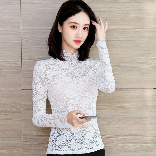 透明白色蕾丝打底衫女春秋纱衣内搭长袖修身薄款内衬高领网纱上衣
