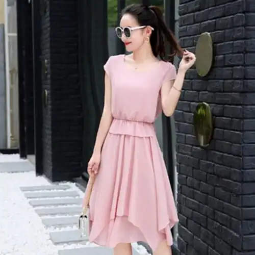 雪纺连衣裙女夏2017新款短袖松紧高腰不规则裙子中裙韩版修身显瘦