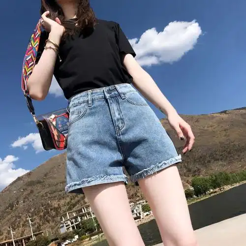 夏季松紧腰裤子两纽扣短裤女士翻边时尚阔腿短裤女烟灰色牛仔短裤翻边