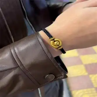 潘卡龙老凤凰平安扣黄金编绳手链男金箍圈999足金钱转运珠手绳七夕