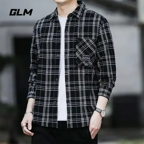 格子长袖衬衫外套宽松休闲衬衣潮上衣服大码男装森马集团glm男士