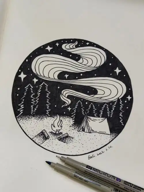 110星夜篝火黑白简笔画创意画线描临摹