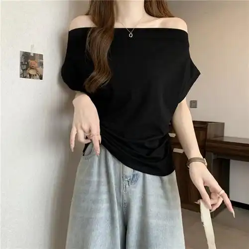 纯欲风一字领露肩褶皱短袖t恤女夏季宽松显瘦辣妹上衣半袖