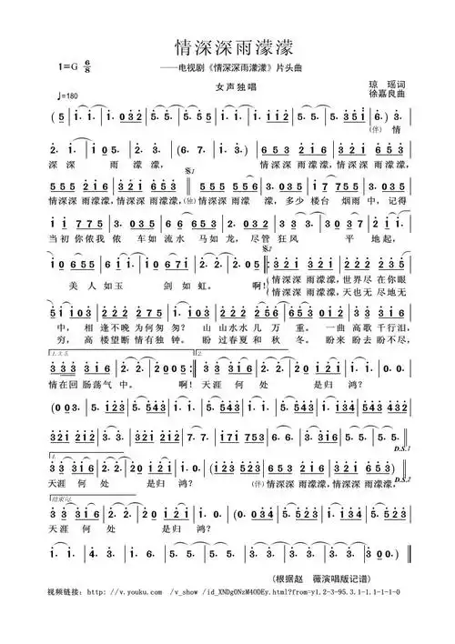 【情深深雨蒙蒙简谱】情深深雨蒙蒙(电视剧《情深深雨蒙蒙》片头曲)
