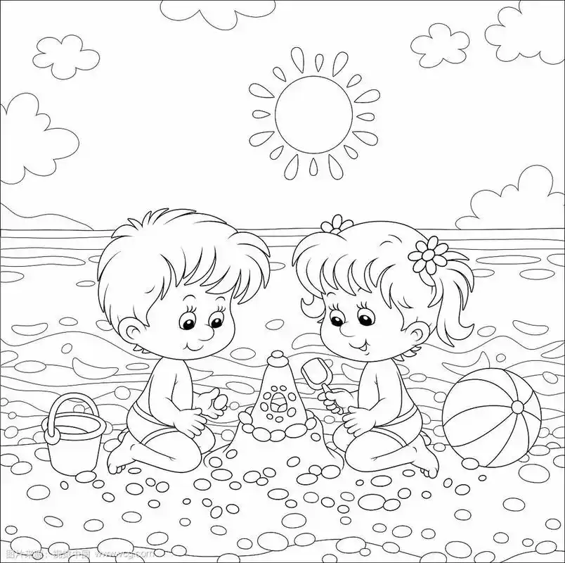 孩子们在海滩上建造沙堡