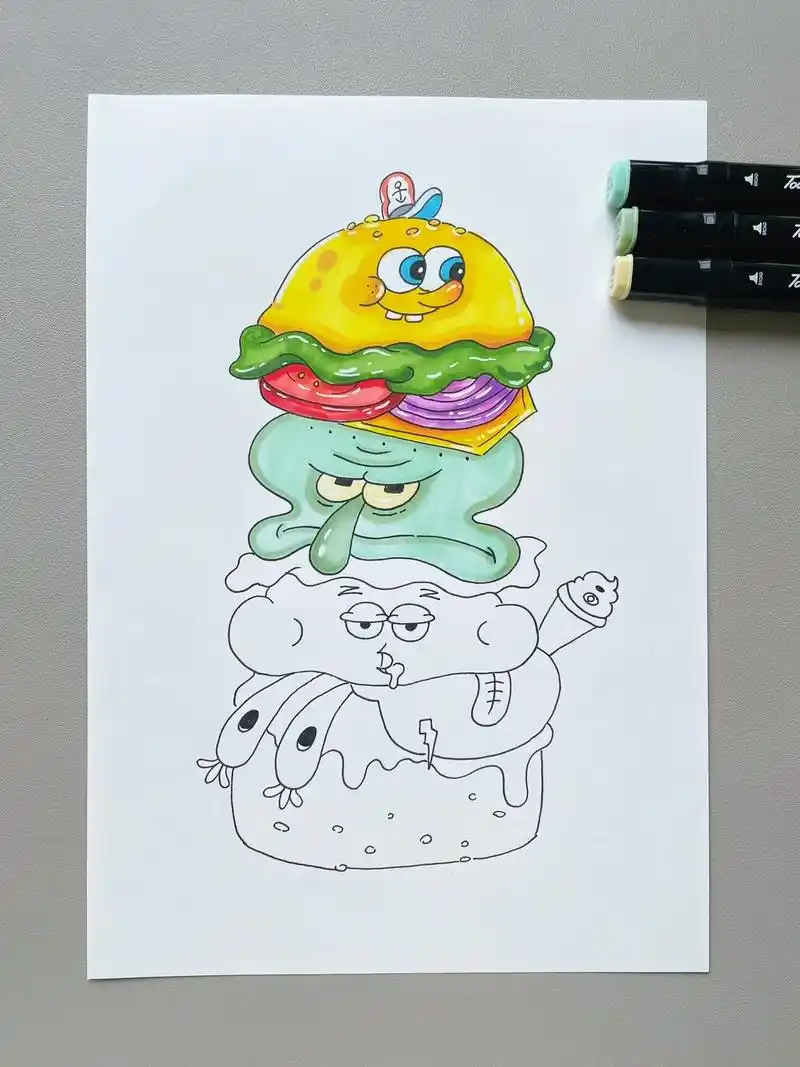 马克笔创意儿童画.你见过这样的有趣汉堡吗?幸福的