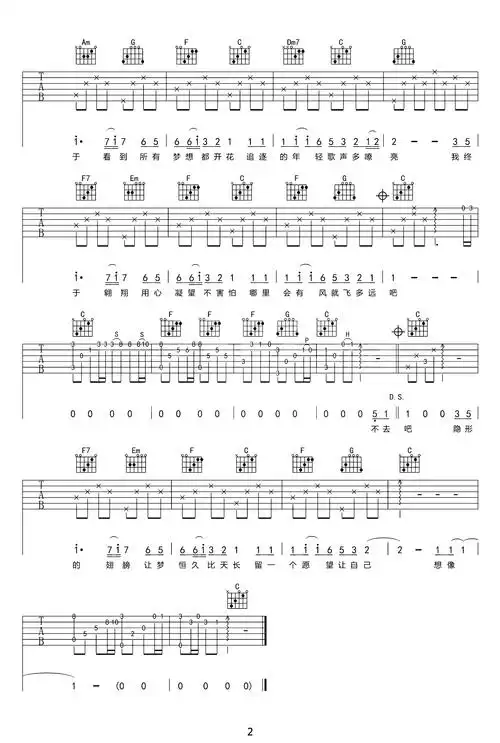 张韶涵《隐形的翅膀》吉他谱_c调原版带前奏_弹唱谱1