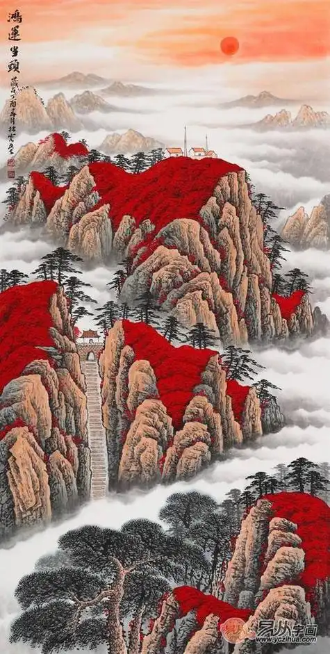 鸿运当头国画山水画大气靠山客厅装饰画办公室挂画纯手绘横幅字画新品
