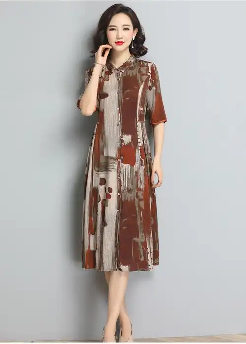 qy20673真丝连衣裙夏复古中长款宽松大码气质优雅桑蚕丝裙子