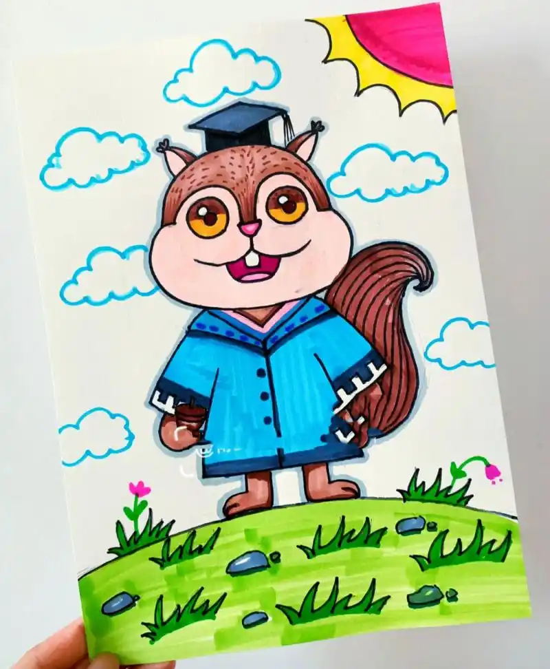 卡通画可爱小动物小松鼠新衣裳 适合7岁以上绘画哦 材料:画纸,马克笔