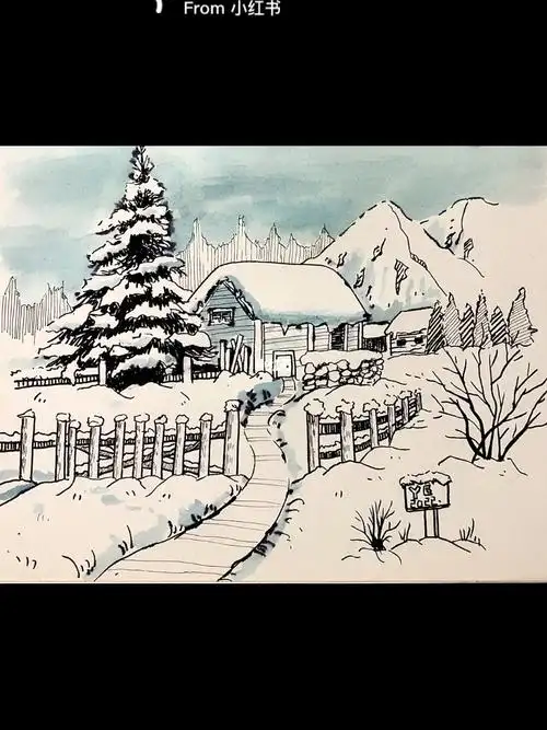 创意线描  #冬日风景  #冬日线描  #冬日风景画  #冬日  #雪景