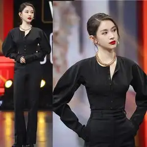 王牌对王牌6明星王子文抖音同款衣服春装黑色泡泡袖上衣衬衫衬衣