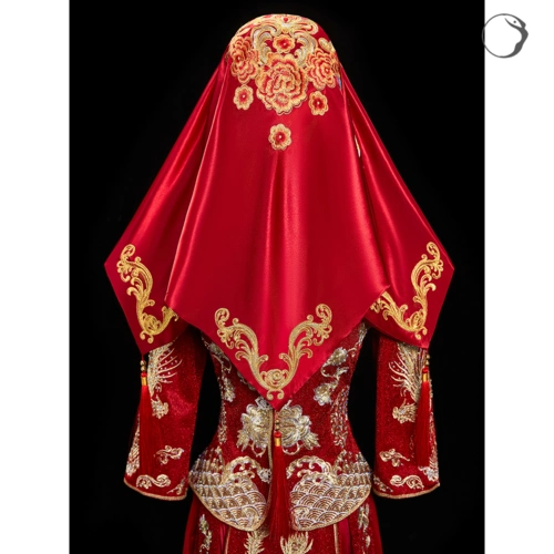 红盖头结婚蕾丝透明中式复古婚礼新娘盖头纱红色秀禾服盖头网纱薄