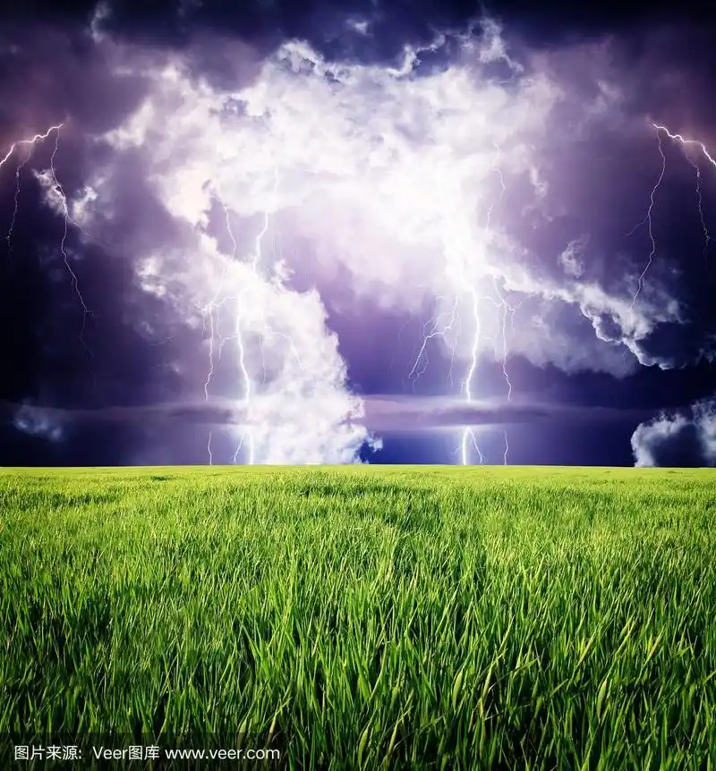 绿草地上有雷雨和闪电.
