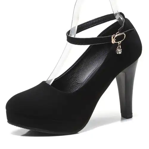 黑色防水台高跟鞋一字扣绑带绒面职业工作鞋走秀礼仪上班正装女鞋