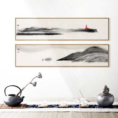 现代新中式禅意挂画山水装饰画茶室水墨意境挂画书房横幅壁画墙饰